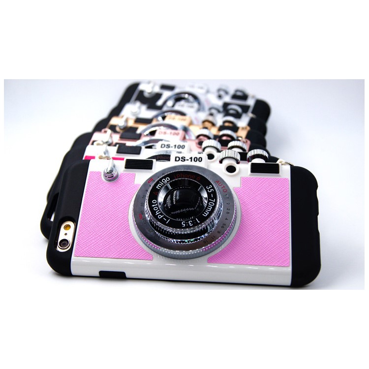 Retro 3D Amigo Camera Shape Silicone PC Hybrid Phone Cover with Lanyard for iPhone 6s 6 - Pink-3