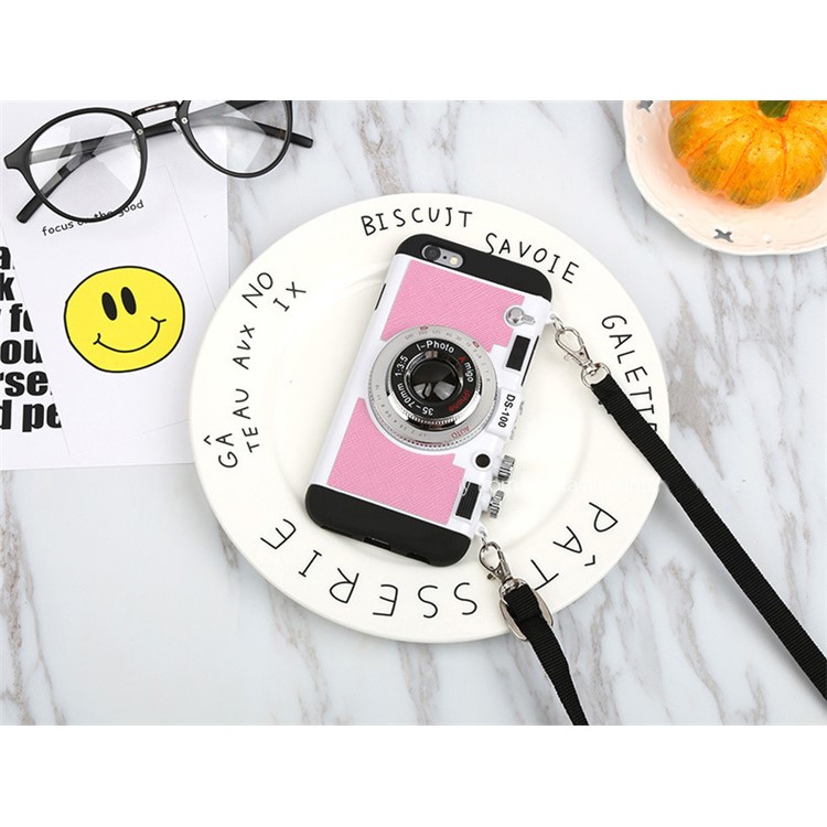 Retro 3D Amigo Camera Shape Silicone PC Hybrid Phone Cover with Lanyard for iPhone 6s 6 - Pink-4