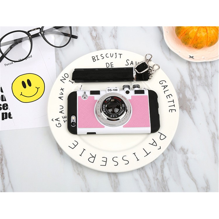 Retro 3D Amigo Camera Shape Silicone PC Hybrid Phone Cover with Lanyard for iPhone 6s 6 - Pink-5