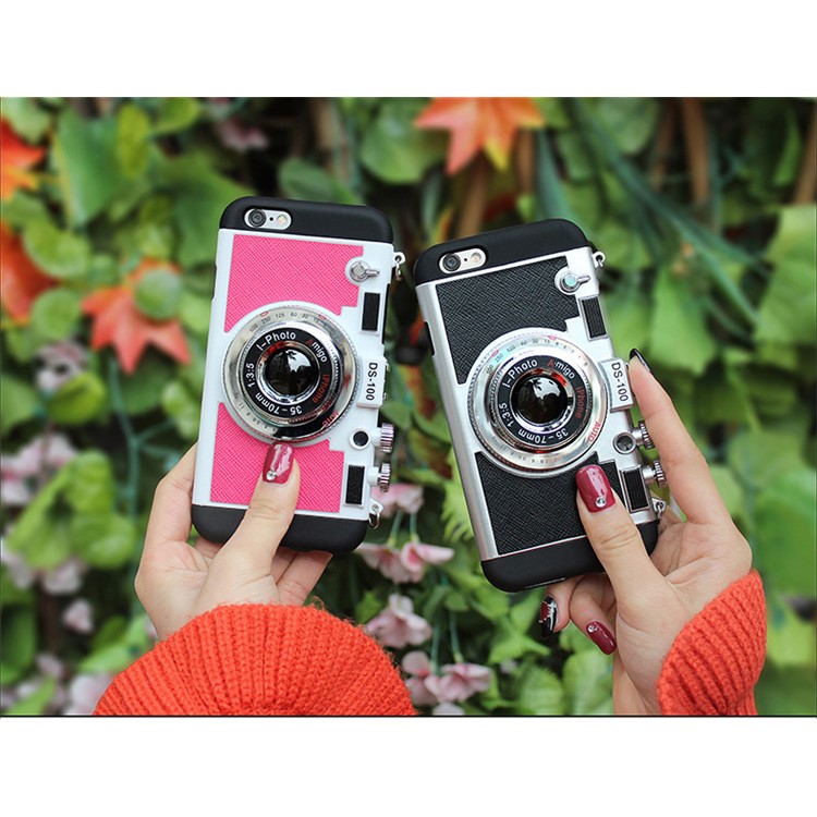 Retro 3D Amigo Camera Shape Silicone PC Hybrid Phone Cover with Lanyard for iPhone 6s 6 - Pink-6