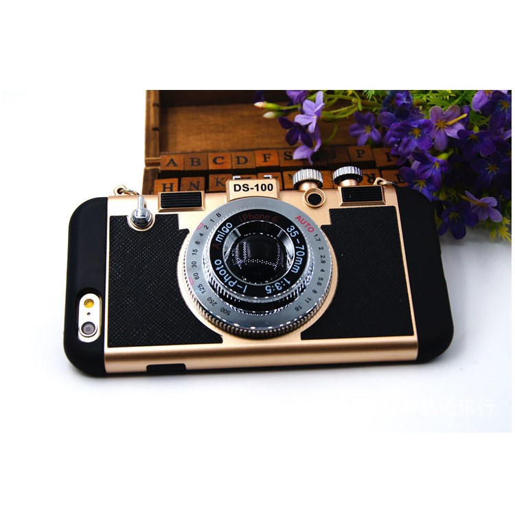 Retro 3D Amigo Camera Shape Silicone Plastic Combo Mobile Casing with Lanyard for iPhone 6s 6 - Gold-1