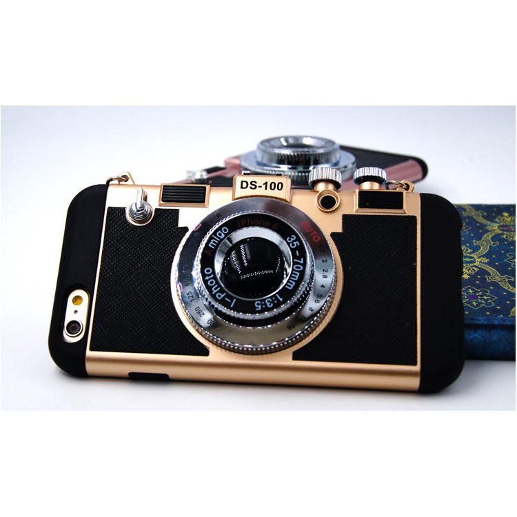 Retro 3D Amigo Camera Shape Silicone Plastic Combo Mobile Casing with Lanyard for iPhone 6s 6 - Gold-2