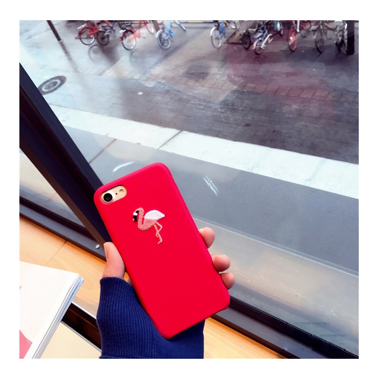 Embroidered Flamingo Cloth Texture PU Leather Phone Back Case for iPhone 7 - Red-1