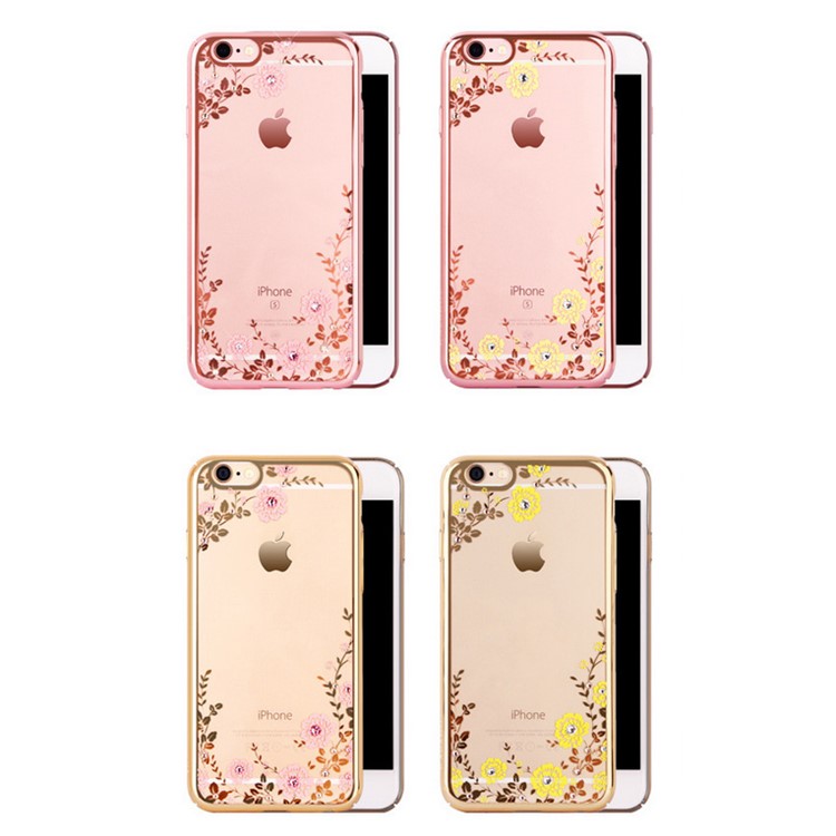 Flower Butterfly Rhinestone Plating Soft TPU Cover for iPhone 6s 6 4.7 - Rose Gold / Yellow Flowers-2
