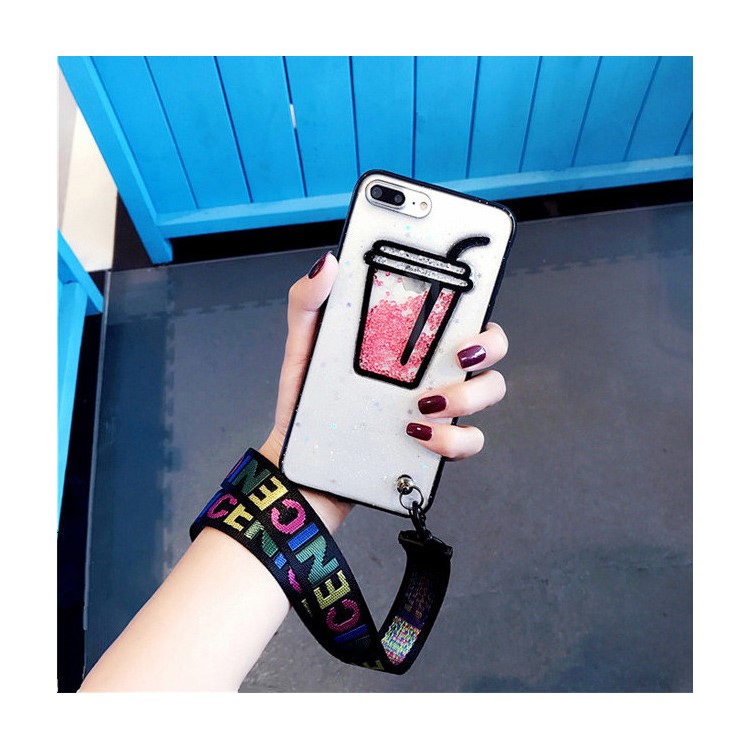 3D Flowing Beads Glitter Powder TPU Phone Case with Strap for iPhone 7 Plus - Drink-1