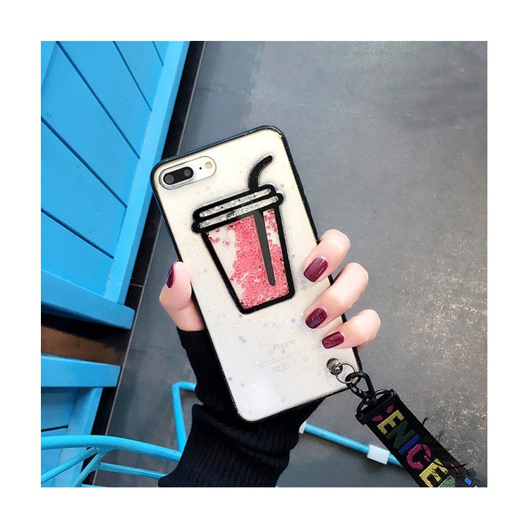 3D Flowing Beads Glitter Powder TPU Phone Case with Strap for iPhone 7 Plus - Drink-2