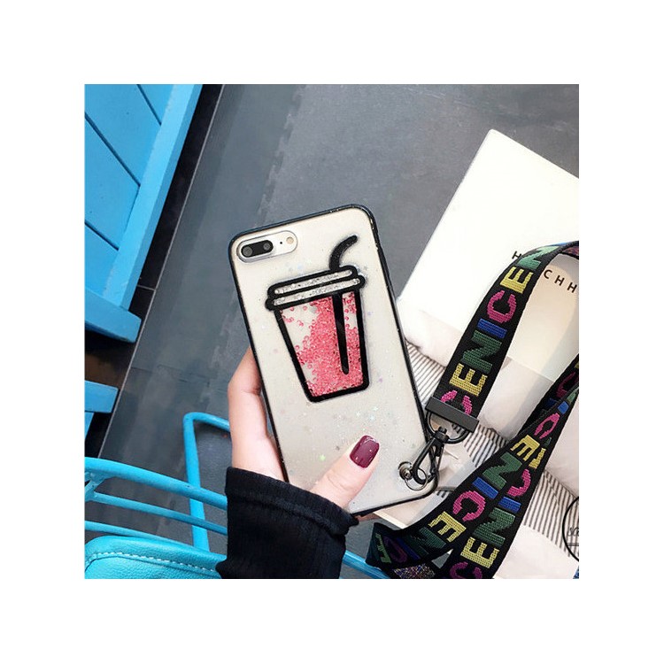 3D Flowing Beads Glitter Powder TPU Phone Case with Strap for iPhone 7 Plus - Drink-3