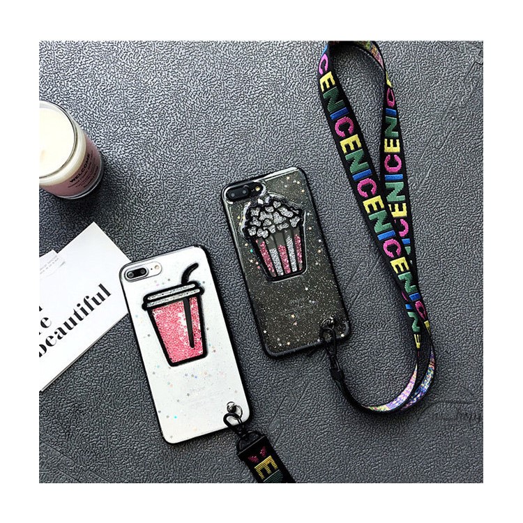 3D Flowing Beads Glitter Powder TPU Phone Case with Strap for iPhone 7 Plus - Drink-4