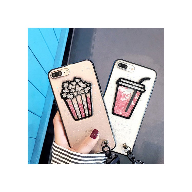 3D Flowing Beads Glitter Powder TPU Phone Case with Strap for iPhone 7 Plus - Drink-5