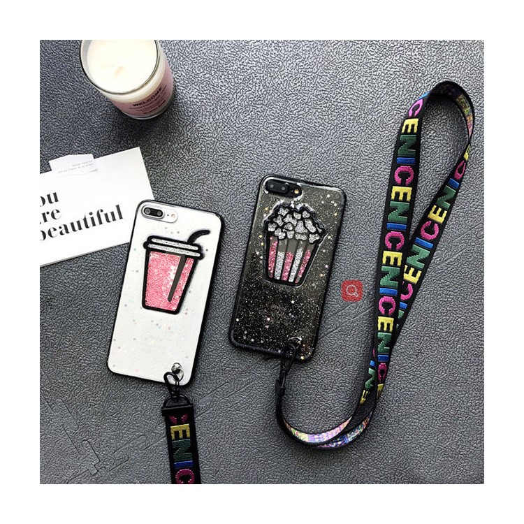 3D Flowing Beads Glitter Powder TPU Phone Case with Strap for iPhone 7 Plus - Drink-8