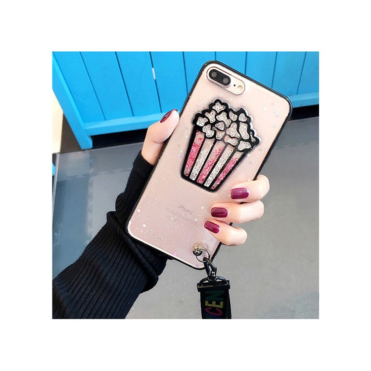 3D Flowing Beads Glitter Powder TPU Cover Case Shell with Strap for iPhone 8 Plus / 7 Plus 5.5 inch - Popcorn-1