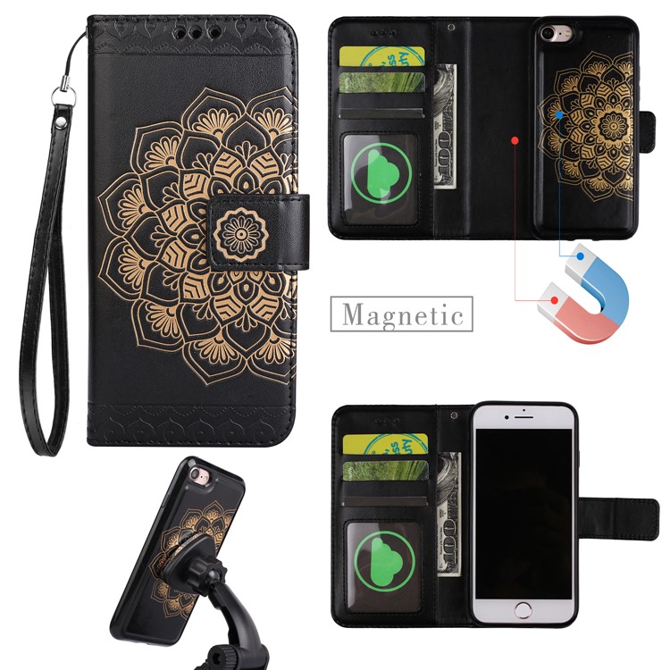 Imprinted Flower Pattern Detachable 2-in-1 TPU+PU Leather Stand Wallet Phone Case for iPhone 7 4.7 inch - Black-1
