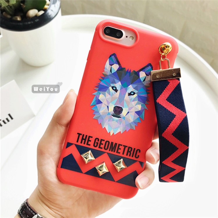 Fashion Wolf Pattern Rivets Cell Phone Case Accessory with Wrist strap for iPhone 7 Plus - Red-1