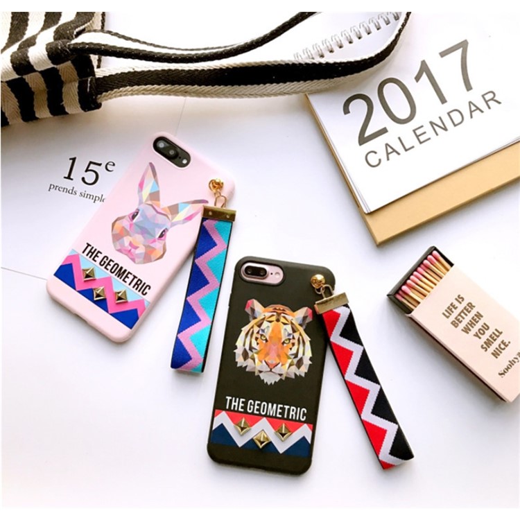 Fashion Wolf Pattern Rivets Cell Phone Case Accessory with Wrist strap for iPhone 7 Plus - Red-10