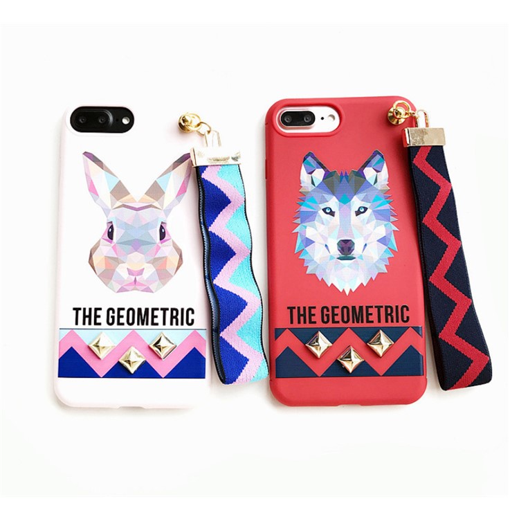 Fashion Wolf Pattern Rivets Cell Phone Case Accessory with Wrist strap for iPhone 7 Plus - Red-11