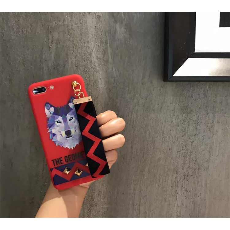 Fashion Wolf Pattern Rivets Cell Phone Case Accessory with Wrist strap for iPhone 7 Plus - Red-2