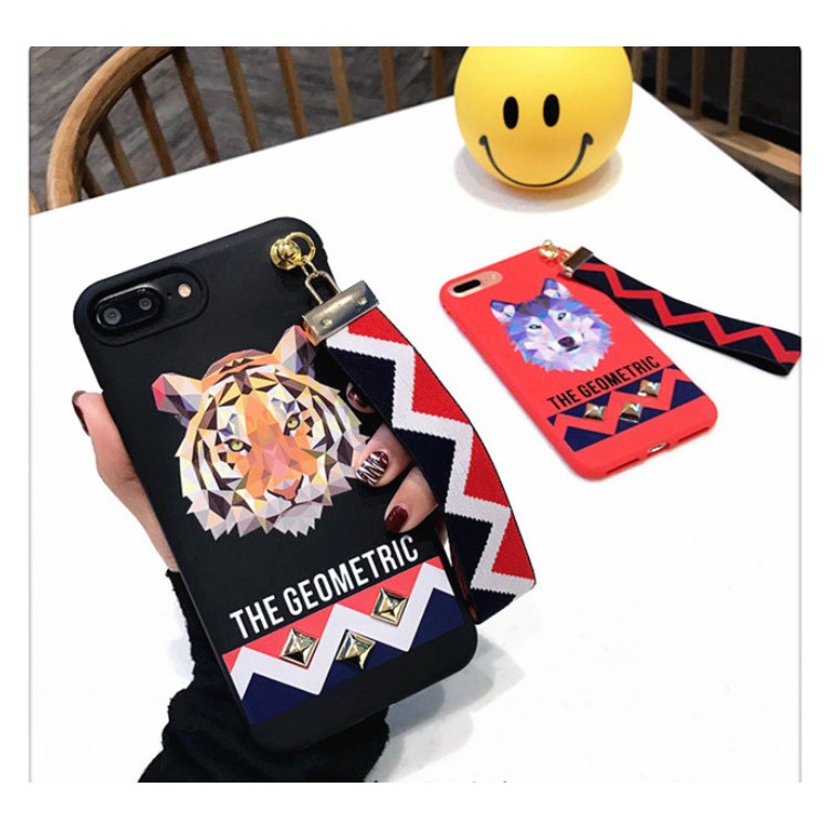Fashion Wolf Pattern Rivets Cell Phone Case Accessory with Wrist strap for iPhone 7 Plus - Red-3