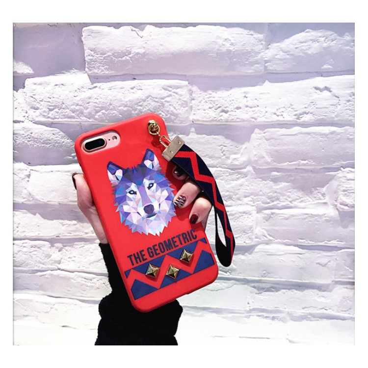 Fashion Wolf Pattern Rivets Cell Phone Case Accessory with Wrist strap for iPhone 7 Plus - Red-4