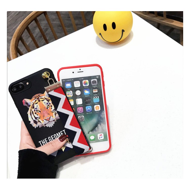 Fashion Wolf Pattern Rivets Cell Phone Case Accessory with Wrist strap for iPhone 7 Plus - Red-5