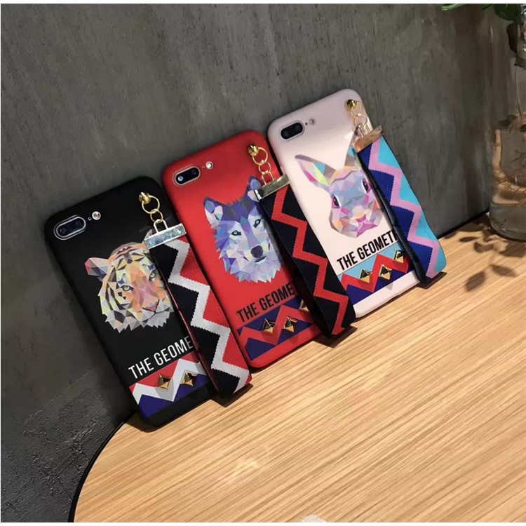 Fashion Wolf Pattern Rivets Cell Phone Case Accessory with Wrist strap for iPhone 7 Plus - Red-6