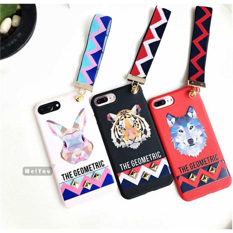 Fashion Wolf Pattern Rivets Cell Phone Case Accessory with Wrist strap for iPhone 7 Plus - Red-8