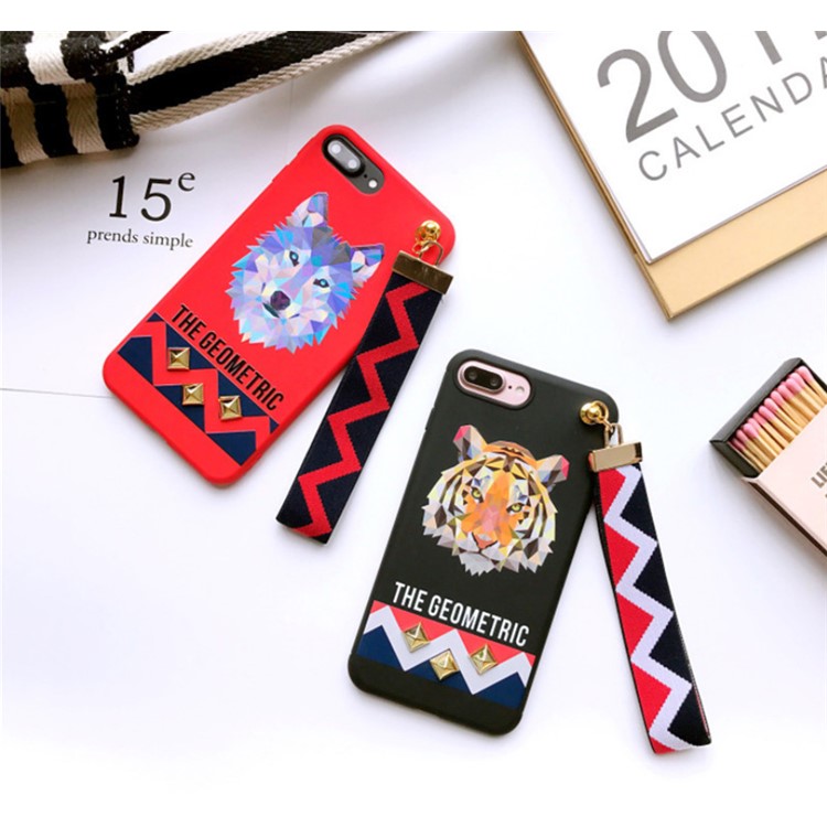 Fashion Wolf Pattern Rivets Cell Phone Case Accessory with Wrist strap for iPhone 7 Plus - Red-9