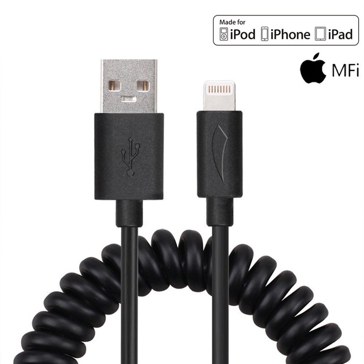 YELLOWKNIFE MFi Certified 1.5M Coiled Lightning 8pin USB Data Charging Cable for iPhone iPad - Black-1