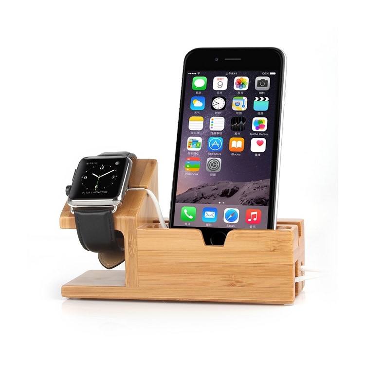 Wood Charging Cradle Stand Holder with Card Hole for Apple Watch, iPhone iPad Samsung-2