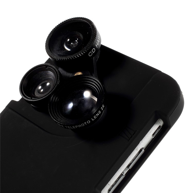 For iPhone 6 6s 4-in-1 Macro Lens + 0.65X Wide-angle Lens + 2X Telephoto Camera Lens + 180 Degree Fisheye with Hard Case - Black-1