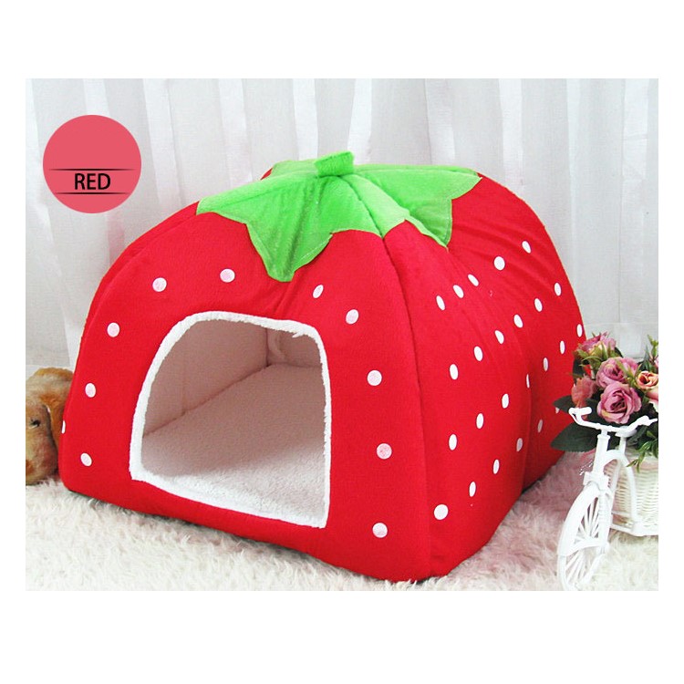 Strawberry Fluff Foldable Dog Bed House, L: 36 x 36 x 38cm - Red-1
