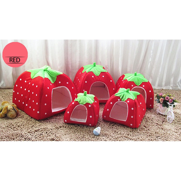 Strawberry Fluff Foldable Dog Bed House, L: 36 x 36 x 38cm - Red-2