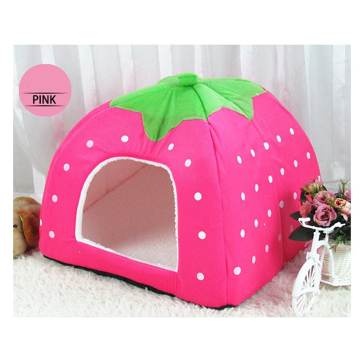 Strawberry Fluff Foldable Dog Bed House, L: 36 x 36 x 38cm - Pink-1