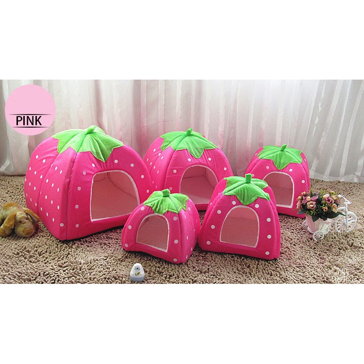 Strawberry Fluff Foldable Dog Bed House, L: 36 x 36 x 38cm - Pink-2