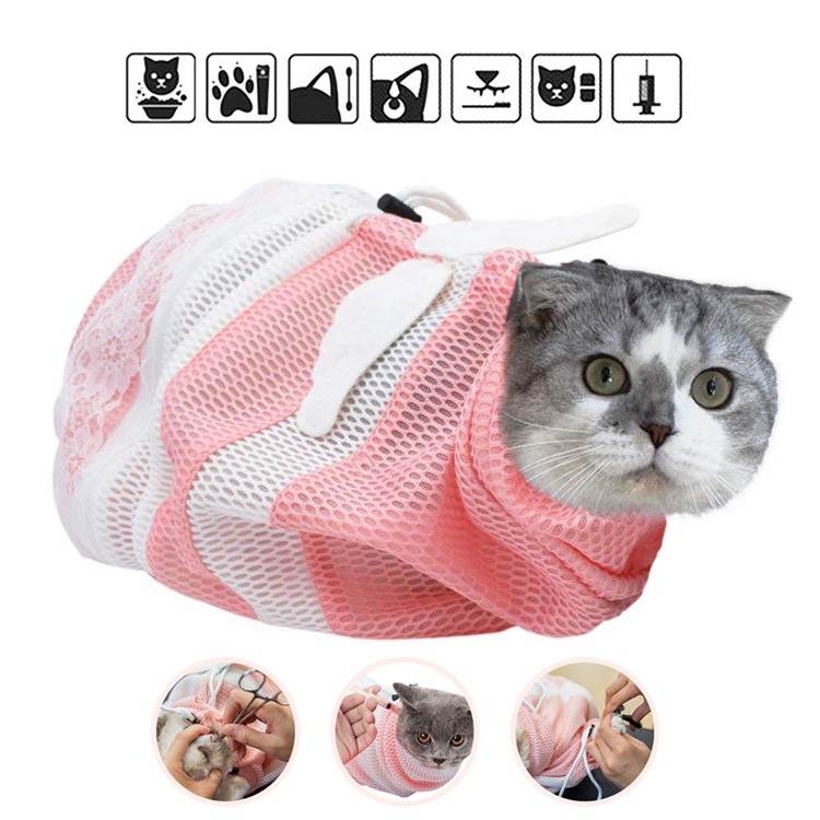 Anti Scratch Multifunction Adjustable Mesh Cat Bath Grooming Bag - Pink/White-1