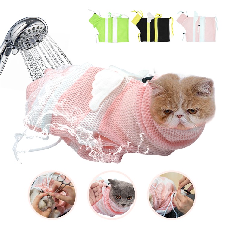 Anti Scratch Multifunction Adjustable Mesh Cat Bath Grooming Bag - Pink/White-11
