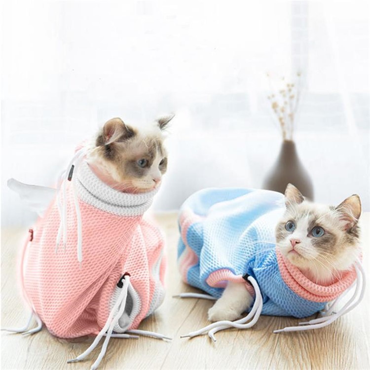 Anti Scratch Multifunction Adjustable Mesh Cat Bath Grooming Bag - Pink/White-6