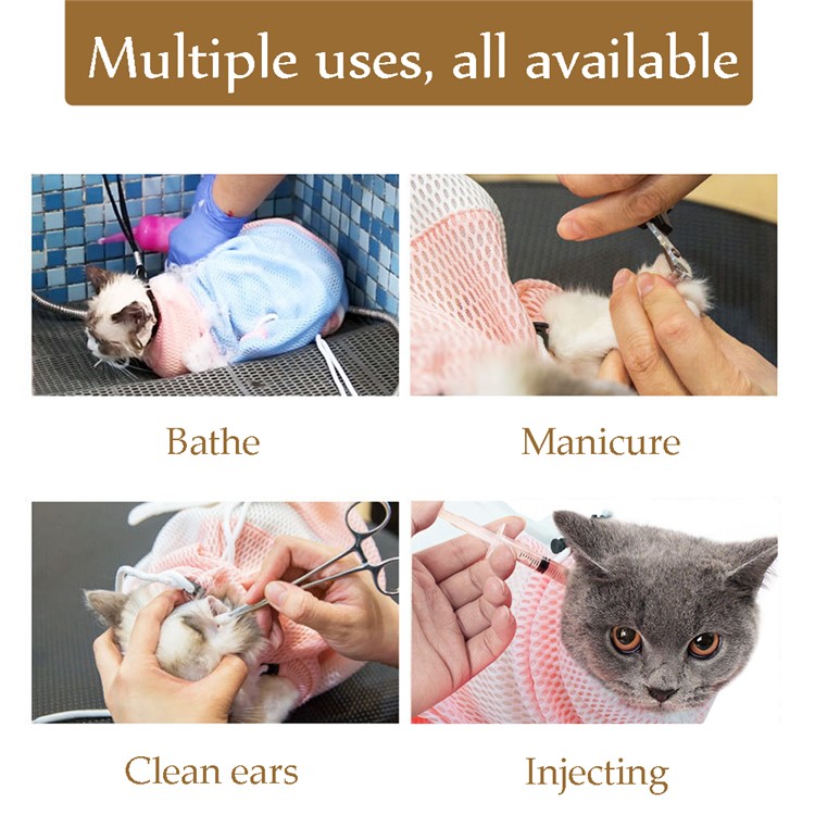 Anti Scratch Multifunction Adjustable Mesh Cat Bath Grooming Bag - Pink/White-8