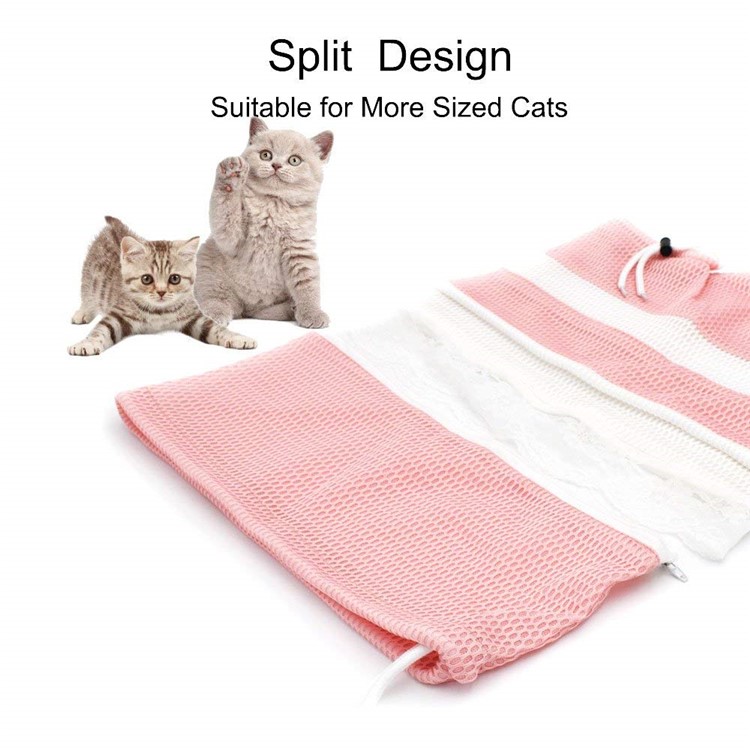 Anti Scratch Multifunction Adjustable Mesh Cat Bath Grooming Bag - Pink/White-9