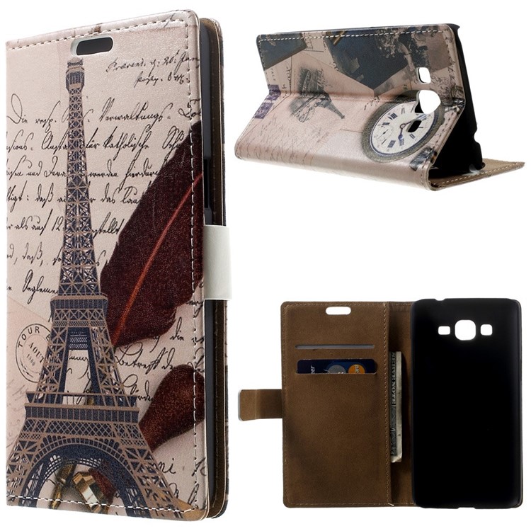 Eiffel Tower & Quill Pen Leather Magnetic Case w/ Stand for Samsung Galaxy Grand Prime SM-G530H-1