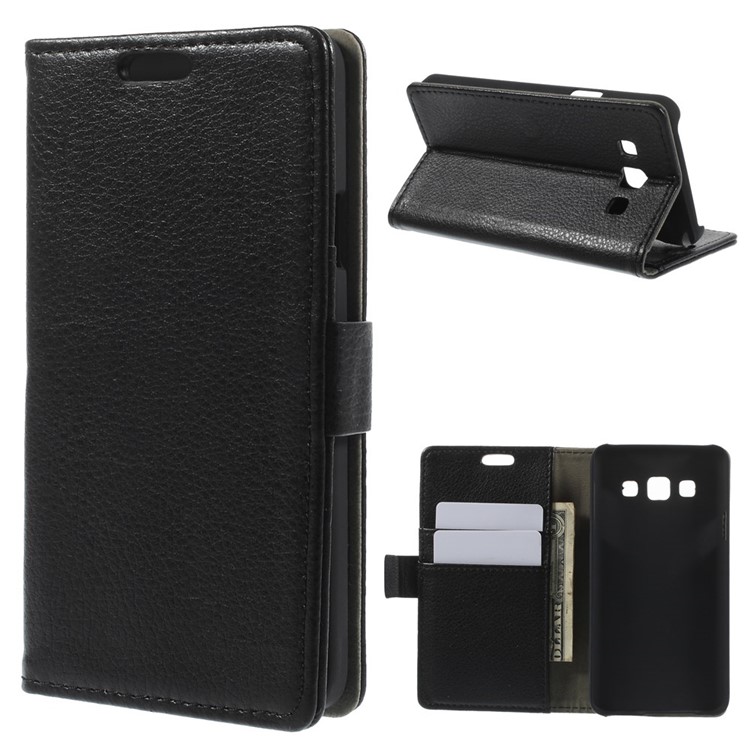 Litchi Grain Leather Magnetic Case w/ Stand for Samsung Galaxy A3 SM-A300F - Black-1