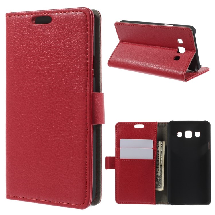 Litchi Grain Leather Magnetic Shell w/ Stand for Samsung Galaxy A3 SM-A300F - Red-1