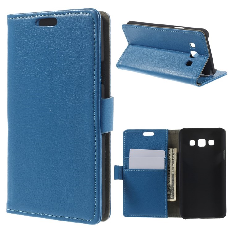 Litchi Grain Leather Wallet Cover w/ Stand for Samsung Galaxy A3 SM-A300F - Blue-1