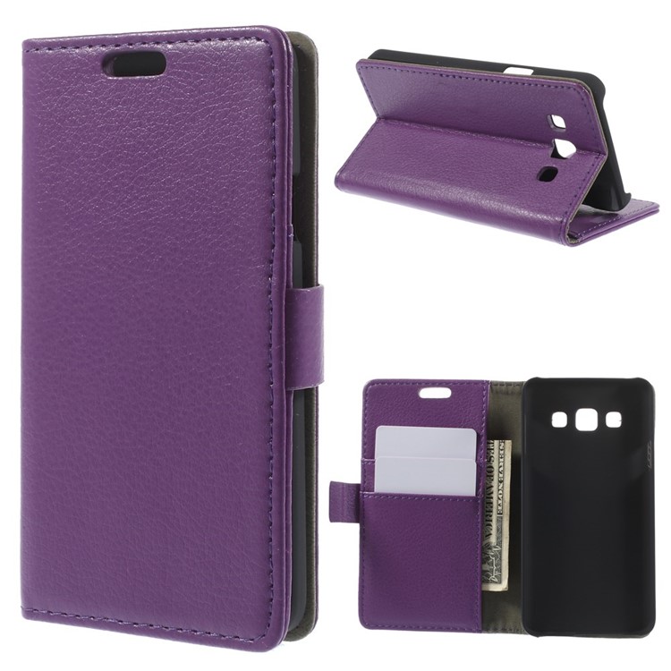 Litchi Grain Leather Wallet Shell w/ Stand for Samsung Galaxy A3 SM-A300F - Purple-1