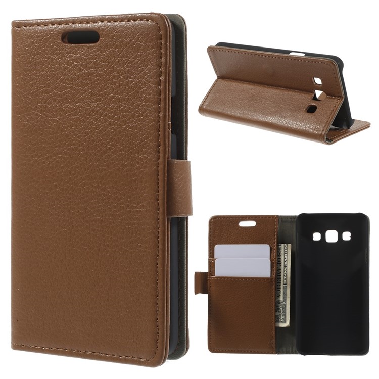 Litchi Grain Leather Wallet Case Cover w/ Stand for Samsung Galaxy A3 SM-A300F - Brown-1