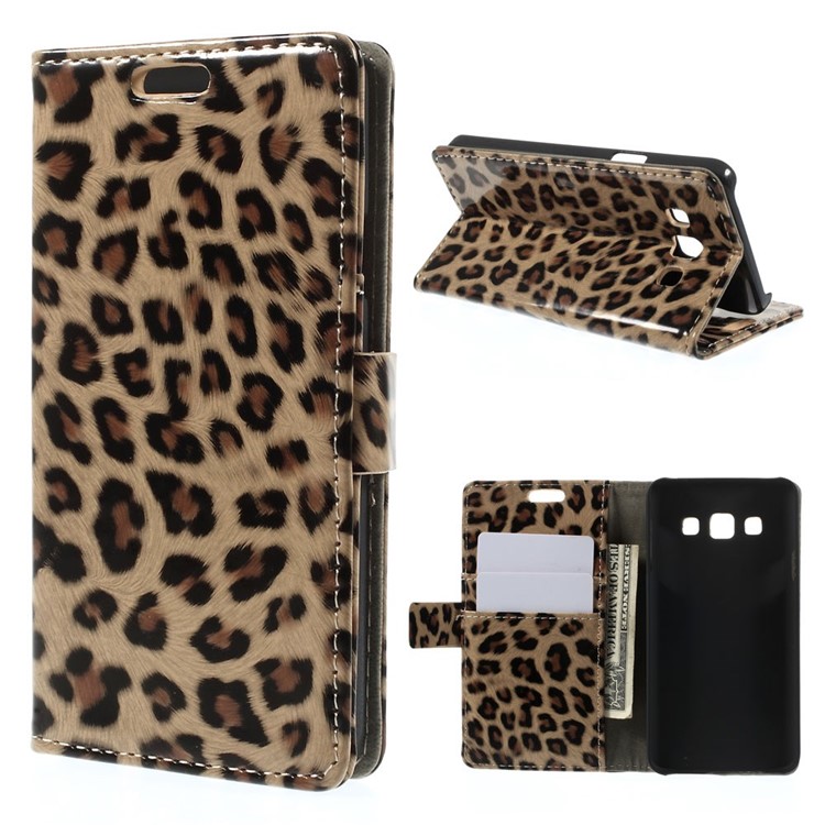 Fashion Leopard Glossy Leather Magnetic Case w/ Stand for Samsung Galaxy A3 SM-A300F-1