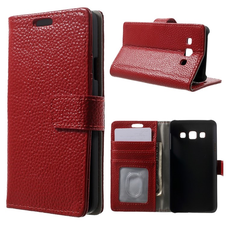 Genuine Full Grain Litchi Skin Leather Magnetic Case w/ Card Slots for Samsung Galaxy A3 SM-A300F - Red-1