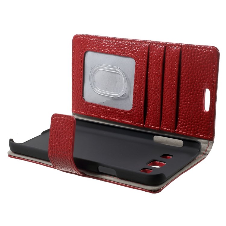 Genuine Full Grain Litchi Skin Leather Magnetic Case w/ Card Slots for Samsung Galaxy A3 SM-A300F - Red-5