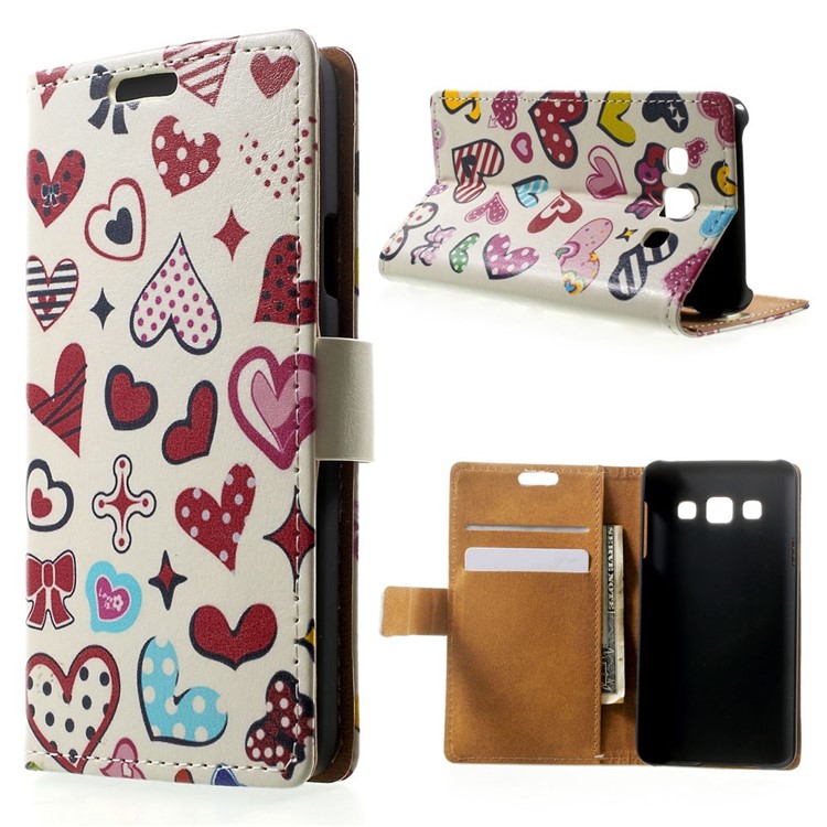 Colorized Hearts Leather Magnetic Cover w/ Stand for Samsung Galaxy A3 SM-A300F-1