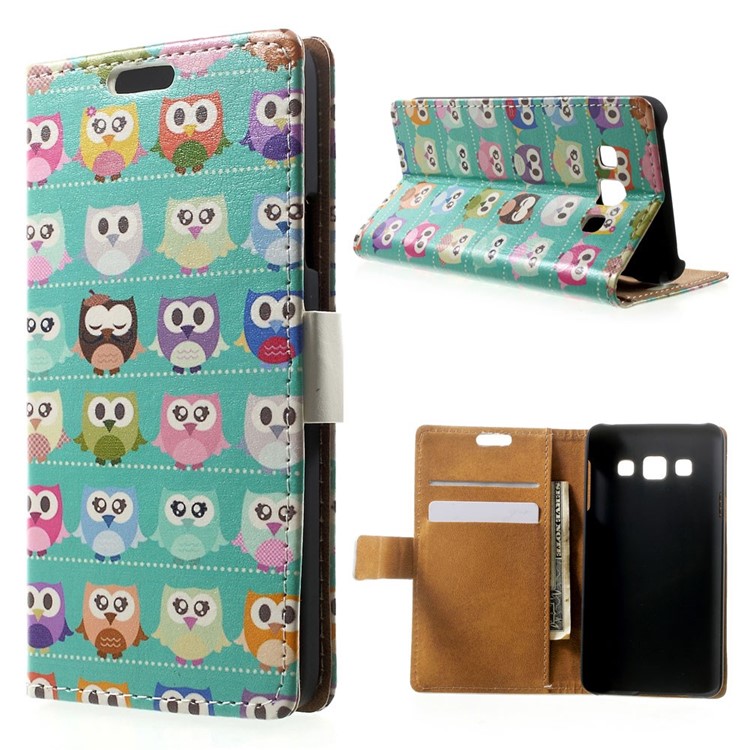 Multiple Owls Wallet Leather Stand Cover for Samsung Galaxy A3 SM-A300F - Cyan Background-1