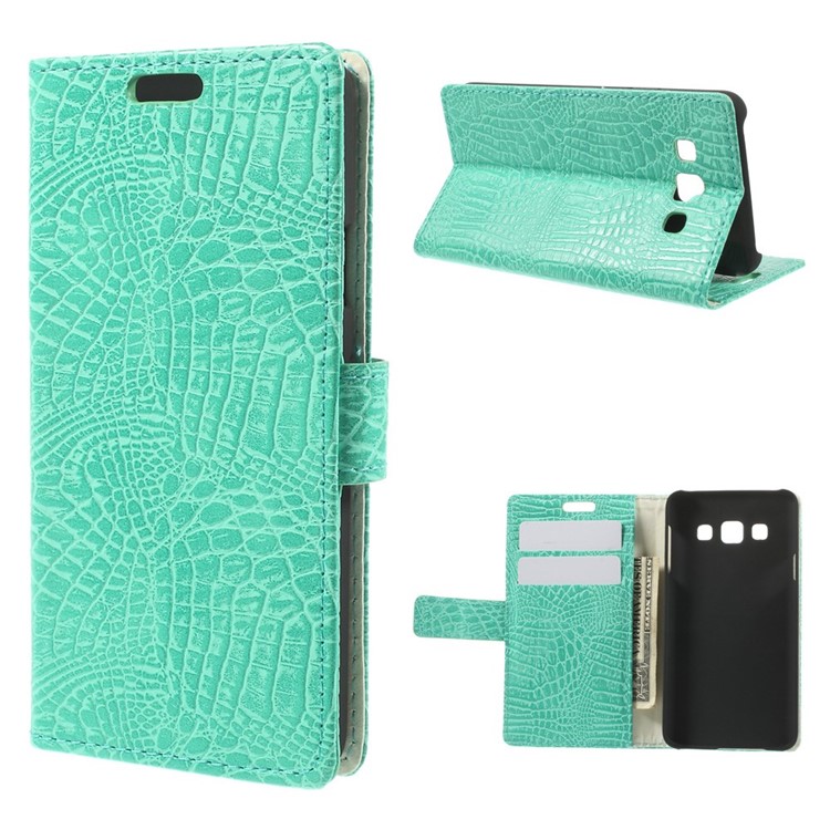 Crocodile Texture Leather Magnetic Case w/ Card Slots for Samsung Galaxy A3 SM-A300F - Cyan-1